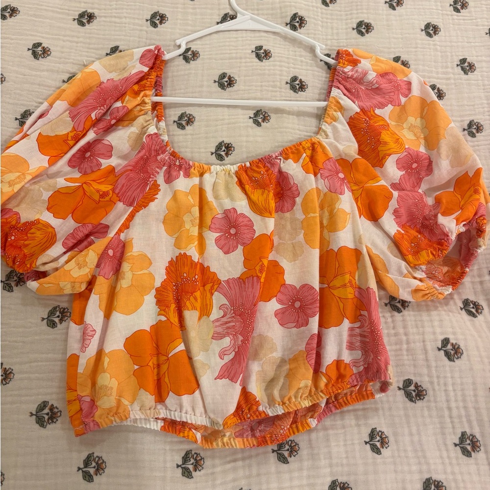 Cynthia Rowley Orange and Pink Puff Sleeve Crop Blouse